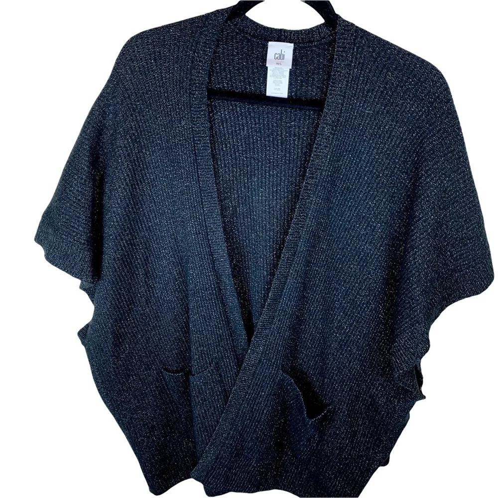 CAbi Luxury Poncho Wrap Cardigan Sweater Black Ribbed Glitter M/ L Style 4064 - Picture 3 of 11